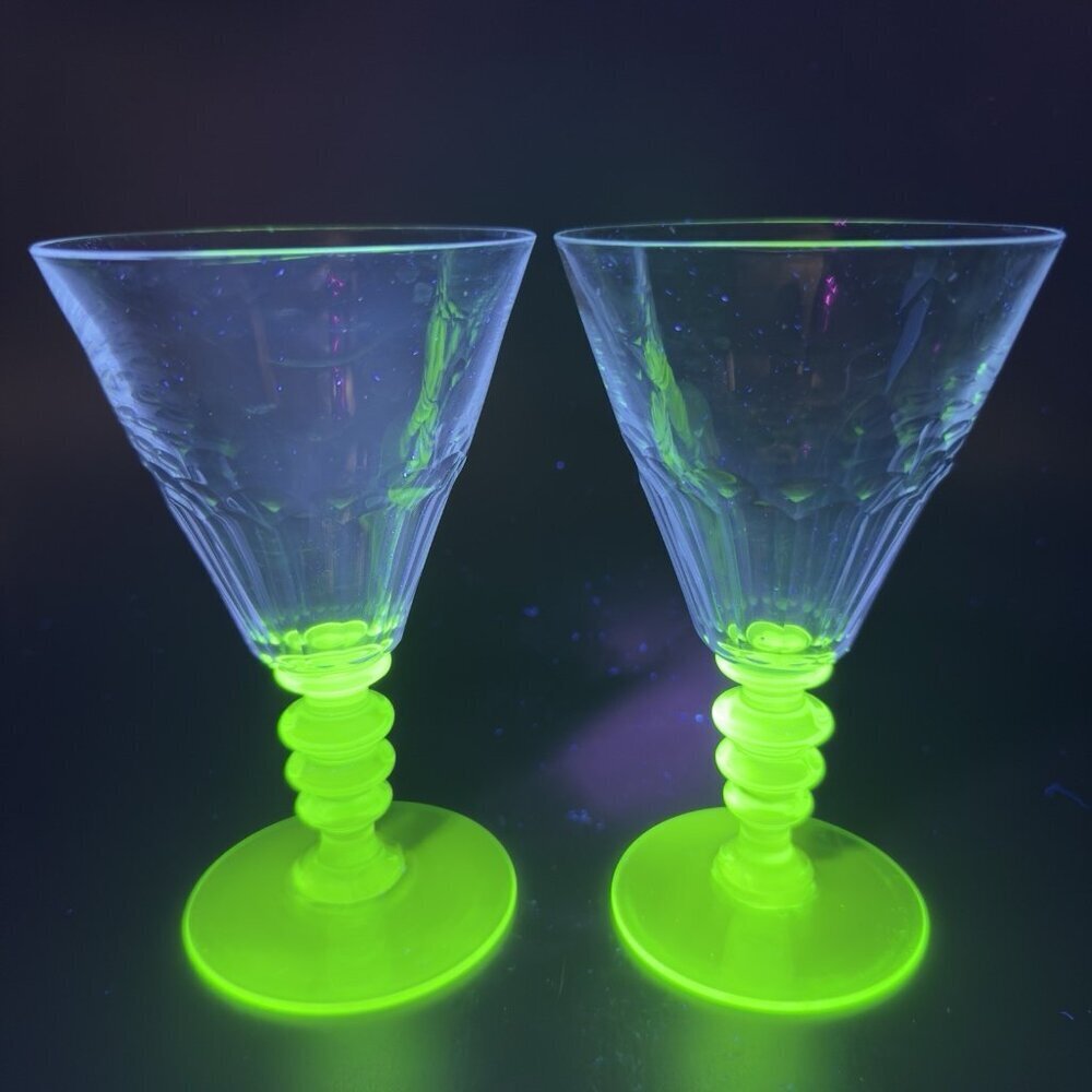 Seneca Theodule Green and Clear Top Uranium Stem Optic Cut Top Goblet Cups Set 2